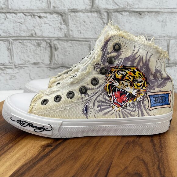 VTG Ed Hardy Canvas Laceless Skull Tiger Print Womens 5 High Top Slip On Shoes - Picture 2 of 13